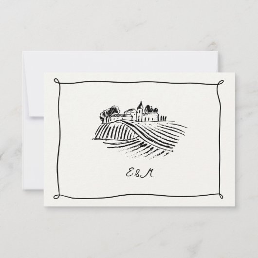 Zwart grillig hand getrokken wijngaard bruiloft RSVP kaartje (Achterkant)