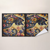 Zwart grillig kat Abstract bloemschilderij kunst Badhanddoek (Badhanddoek)