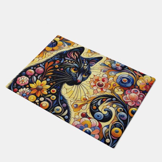 Zwart grillig kat Abstract bloemschilderij kunst Deurmat (Schuin)