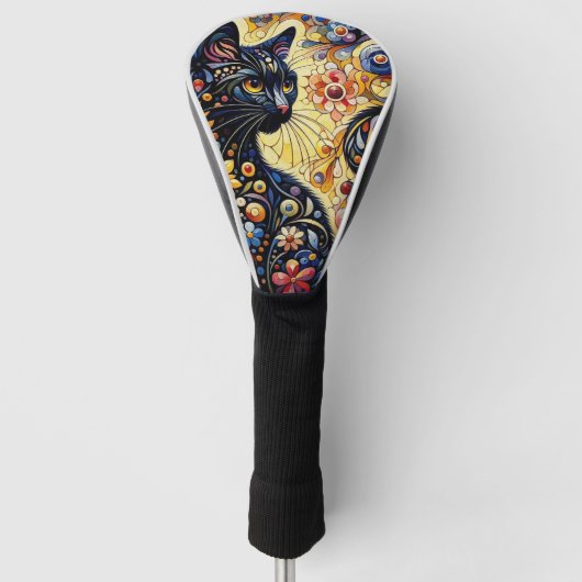 Zwart grillig kat Abstract bloemschilderij kunst Golfheadcover (Voorkant)