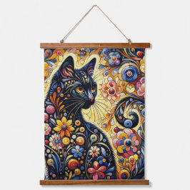 Zwart grillig kat Abstract bloemschilderij kunst Hangend Wandkleed