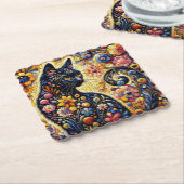 Zwart grillig kat Abstract bloemschilderij kunst Kartonnen Onderzetters (Gebogen)