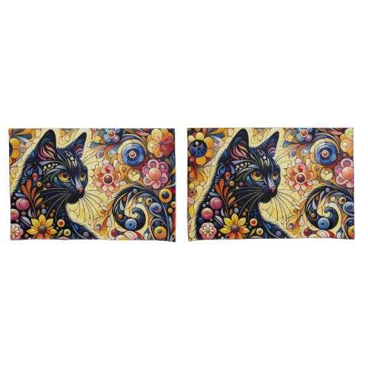 Zwart grillig kat Abstract bloemschilderij kunst Kussensloop (Voorkant-Set)