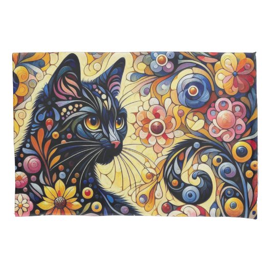 Zwart grillig kat Abstract bloemschilderij kunst Kussensloop (Voorkant-Links)