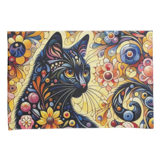 Zwart grillig kat Abstract bloemschilderij kunst Kussensloop (Voorkant-Rechts)