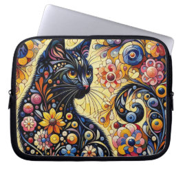 Zwart grillig kat Abstract bloemschilderij kunst Laptop Sleeve