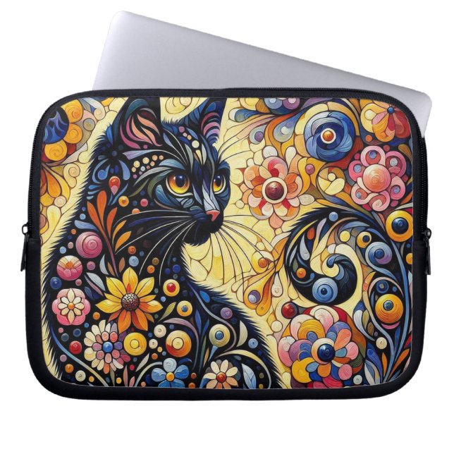 Zwart grillig kat Abstract bloemschilderij kunst Laptop Sleeve (Voorkant)