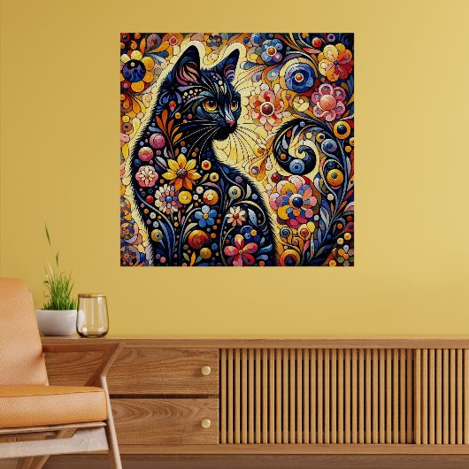 Zwart grillig kat Abstract bloemschilderij kunst Poster (Woonkamer 2)