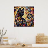 Zwart grillig kat Abstract bloemschilderij kunst Poster (Keuken)