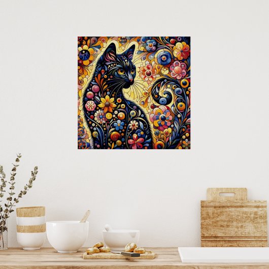 Zwart grillig kat Abstract bloemschilderij kunst Poster (Keuken)