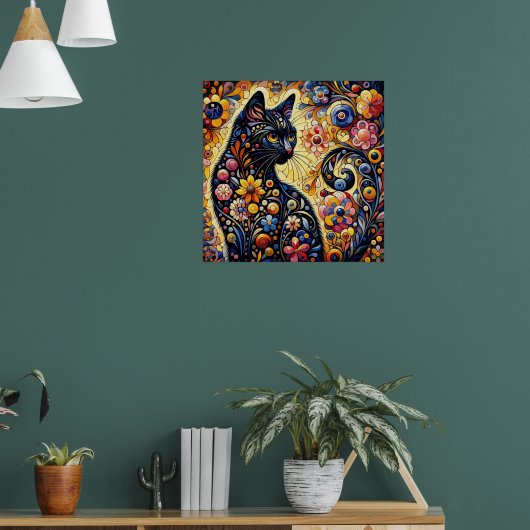 Zwart grillig kat Abstract bloemschilderij kunst Poster (Woonkamer 1)