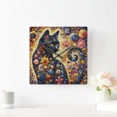 Zwart grillig kat Abstract bloemschilderij kunst Vierkante Klok (Huis)