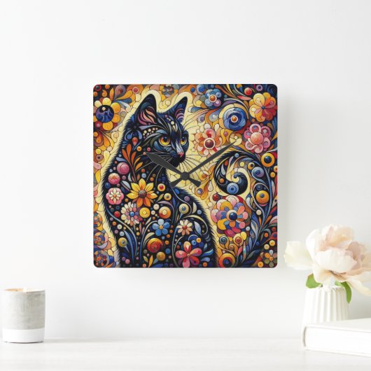 Zwart grillig kat Abstract bloemschilderij kunst Vierkante Klok (Huis)