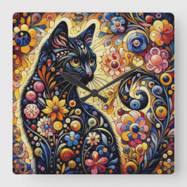 Zwart grillig kat Abstract bloemschilderij kunst Vierkante Klok