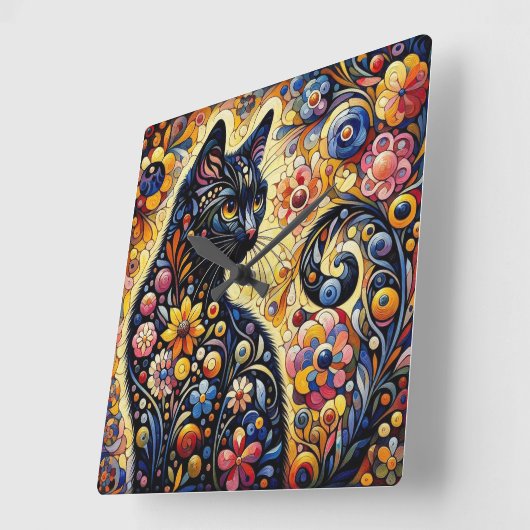 Zwart grillig kat Abstract bloemschilderij kunst Vierkante Klok (Hoek)