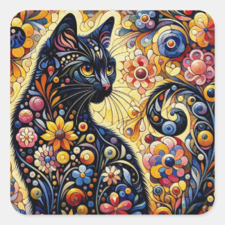 Zwart grillig kat Abstract bloemschilderij kunst Vierkante Sticker