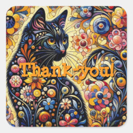 Zwart grillig kat Abstract bloemschilderij kunst Vierkante Sticker