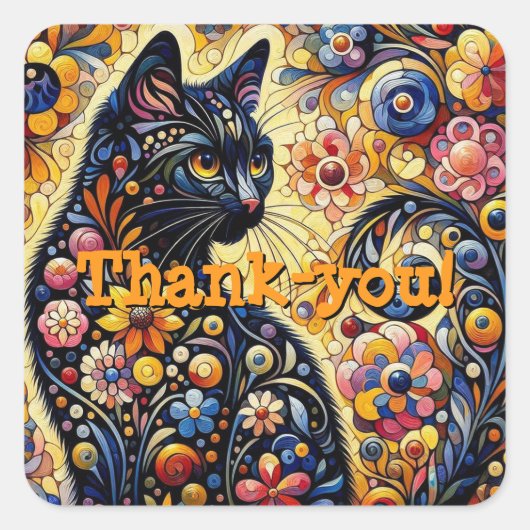 Zwart grillig kat Abstract bloemschilderij kunst Vierkante Sticker (Voorkant)