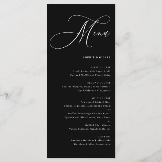 Zwart grillige kalligrafie bruiloft menu (Voorkant)