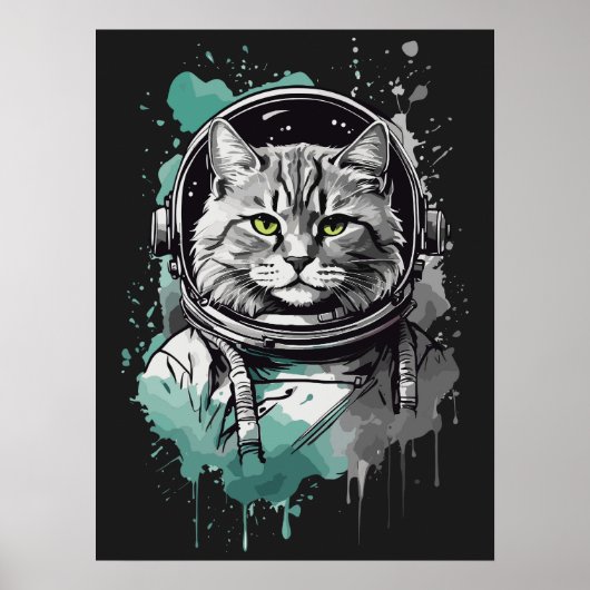 Zwart Groen Astronaut Cat Design Poster (Voorkant)