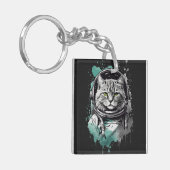 Zwart Groen Astronaut Cat Design Sleutelhanger (Voorkant Links)