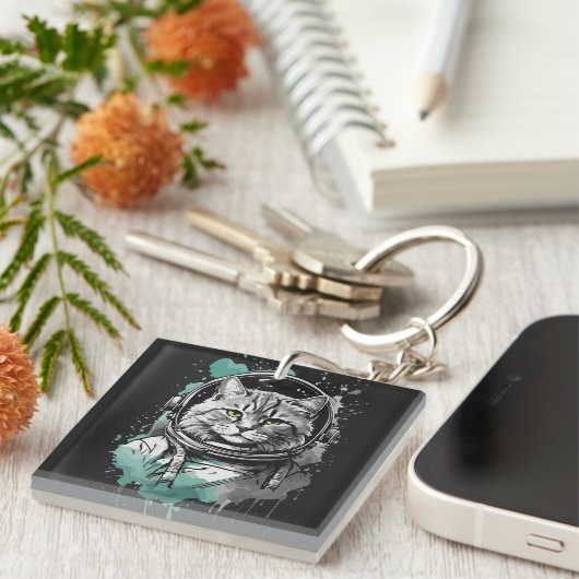 Zwart Groen Astronaut Cat Design Sleutelhanger (Voorkant Rechts)