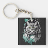 Zwart Groen Astronaut Cat Design Sleutelhanger (Voorkant)