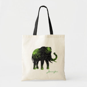 Zwart & Groen Bloemenolifant Tote Bag