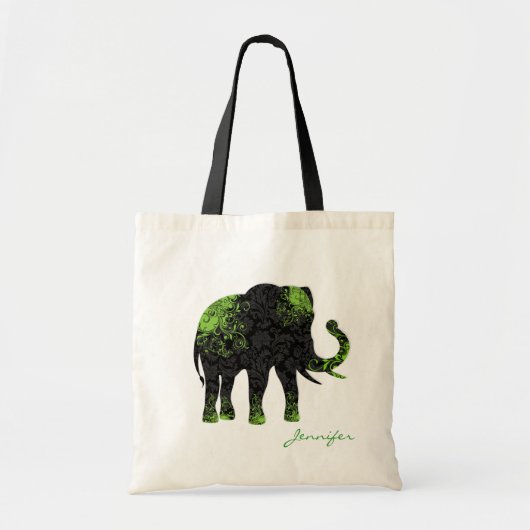 Zwart & Groen Bloemenolifant Tote Bag (Voorkant)
