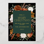 Zwart groen bloemmotief botanisch elegante script folie feestdagenkaart (Voorkant)