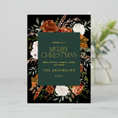 Zwart groen bloemmotief botanisch elegante script folie feestdagenkaart (Staand Voorkant)