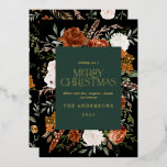 Zwart-groen botanisch elegantschrift folie feestdagenkaart<br><div class="desc">Zwart,  groen en terracotta floral botanical elegant script Merry kerstfeestkaart.</div>