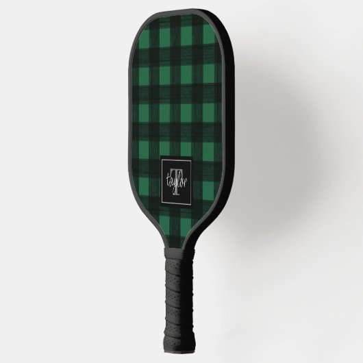 Zwart-groen buffelblok Monogram Initiaal controle Pickleball Paddle (Links)