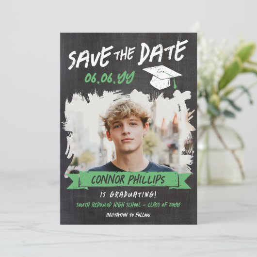Zwart Groen Cool Chalk Foto Afstuderen Save The Date (Staand voorkant)