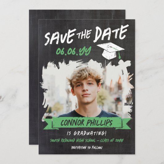 Zwart Groen Cool Chalk Foto Afstuderen Save The Date (Voorkant / Achterkant)