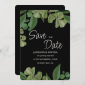 Zwart & groen Elegant rustieke groene bladeren wee Save The Date (Voorkant / Achterkant)