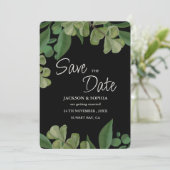 Zwart & groen Elegant rustieke groene bladeren wee Save The Date (Staand voorkant)