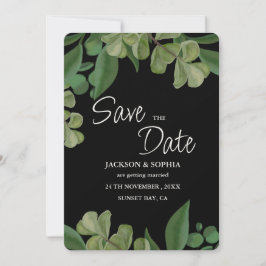 Zwart & groen Elegant rustieke groene bladeren wee Save The Date