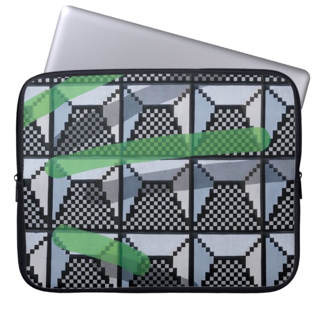 Zwart, groen en zwart gecontroleerd behang laptop sleeve (Voorkant)