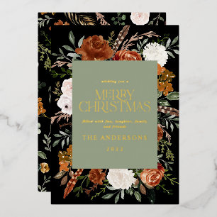 Zwart groen floranje botanisch elegant script folie feestdagenkaart