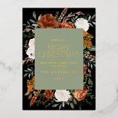 Zwart groen floranje botanisch elegant script folie feestdagenkaart (Voorkant)