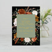 Zwart groen floranje botanisch elegant script folie feestdagenkaart (Staand Voorkant)