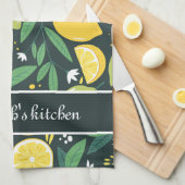 Zwart-groen geel citroenpatroon aangepaste tekst theedoek (Quarter Fold)