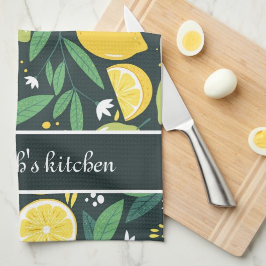 Zwart-groen geel citroenpatroon aangepaste tekst theedoek (Quarter Fold)