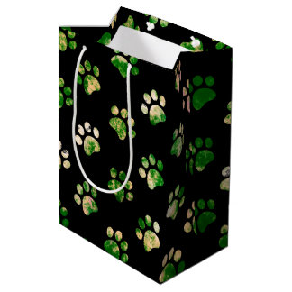 Zwart Groen Gestructureerd Paw Print Patroon Medium Cadeauzakje