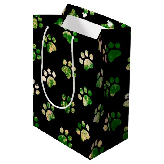 Zwart Groen Gestructureerd Paw Print Patroon Medium Cadeauzakje (Achterkant Gekanteld)