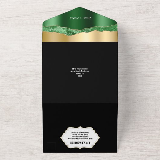 Zwart groen glitter marmer elegante shimmer bruilo all in one uitnodiging (Buitenkant)