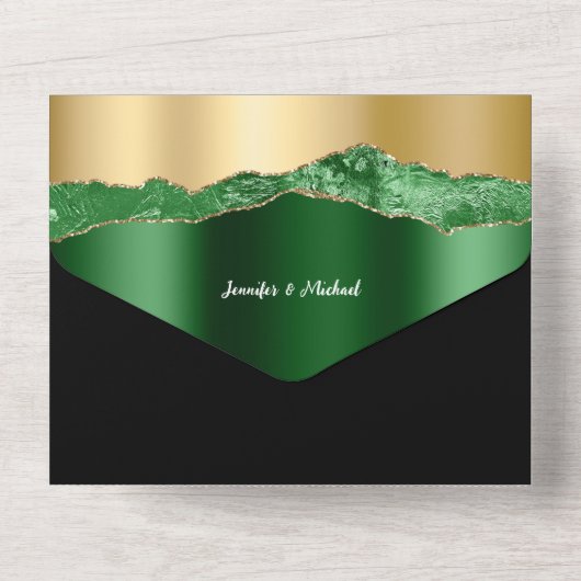 Zwart groen glitter marmer elegante shimmer bruilo all in one uitnodiging (Achterkant)