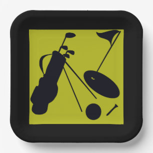 Zwart & groen golf t-shirt, clubs, golfballen papieren bordje