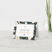 Zwart Groen Goud Bloemen Waterverf Eerste Communie Bedankkaart (Voorkant)